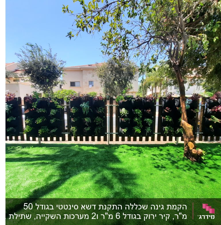 גינה עם דשא סינתטי וקיר צמחים אנכי